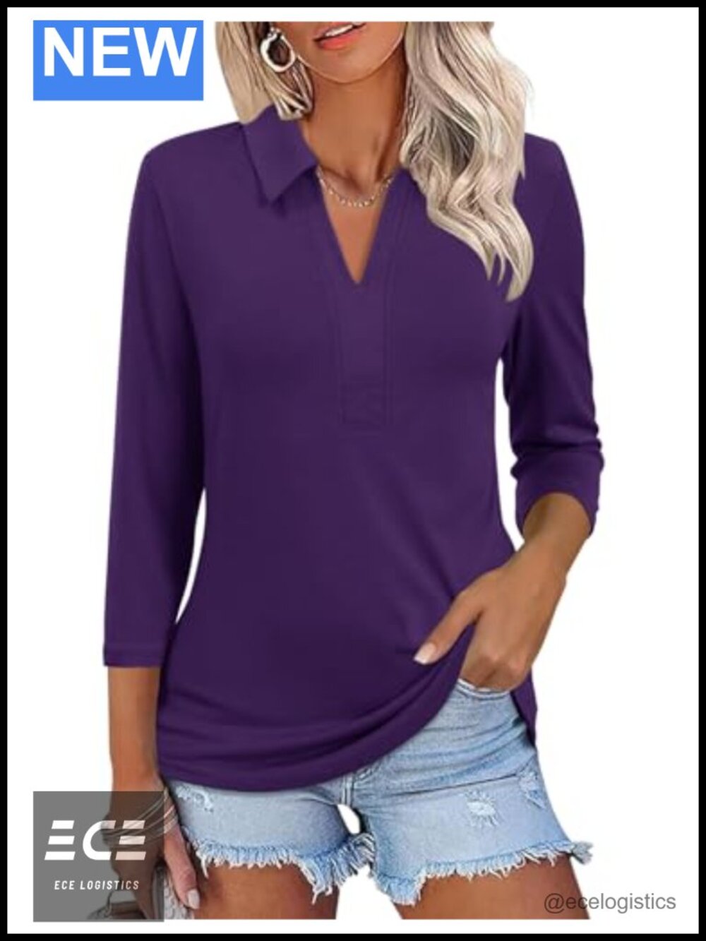Women's 3/4 Sleeve V-Neck Collared Polo Shirt Business Casual Work Top